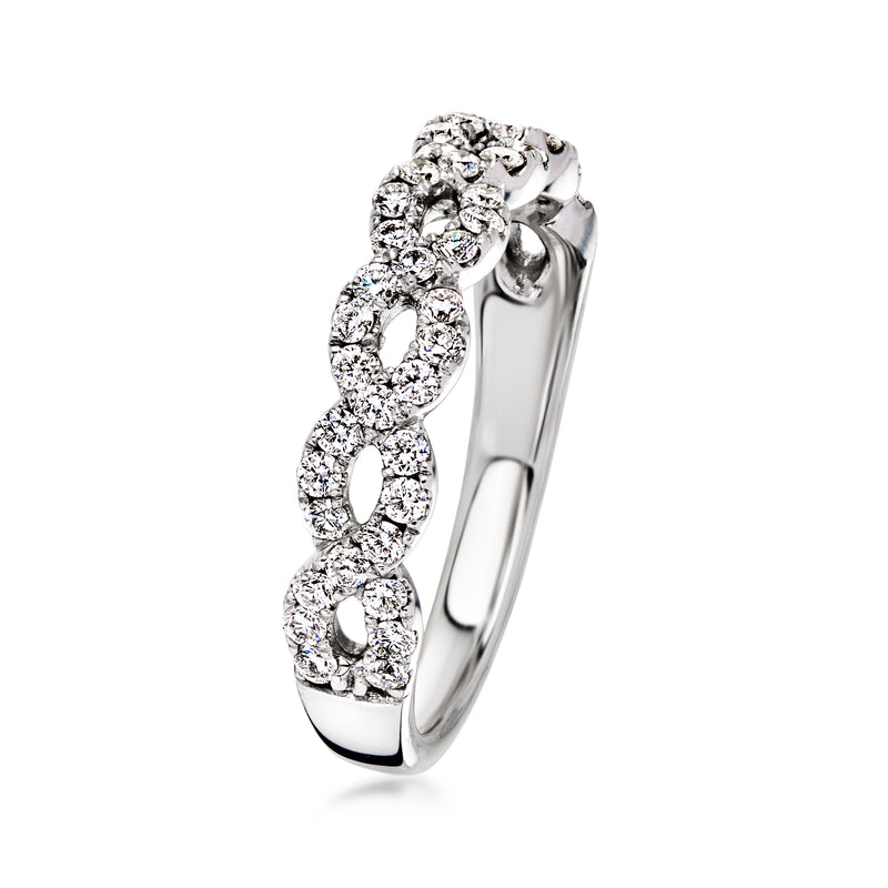 14kt white gold diamond twist ring, side view of linked oval diamond settings