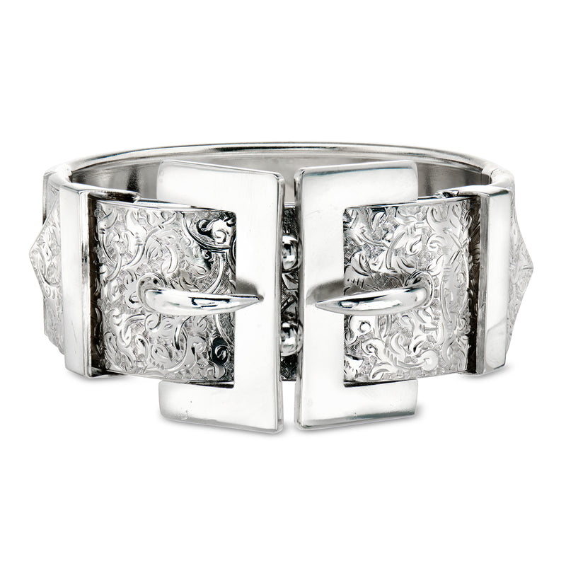 Vintage sterling silver buckle bangle bracelet with engraved panels and hinged clasp