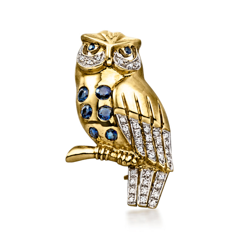 C. 1970 Vintage .30 ct. t.w. Sapphire Owl Pin with .11 ct. t.w. Diamonds in 18kt Yellow Gold