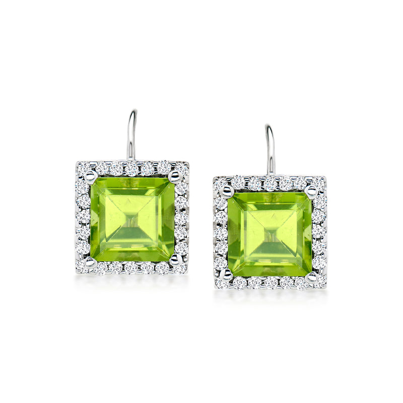 White gold leverback earrings with square green peridot and diamond halo