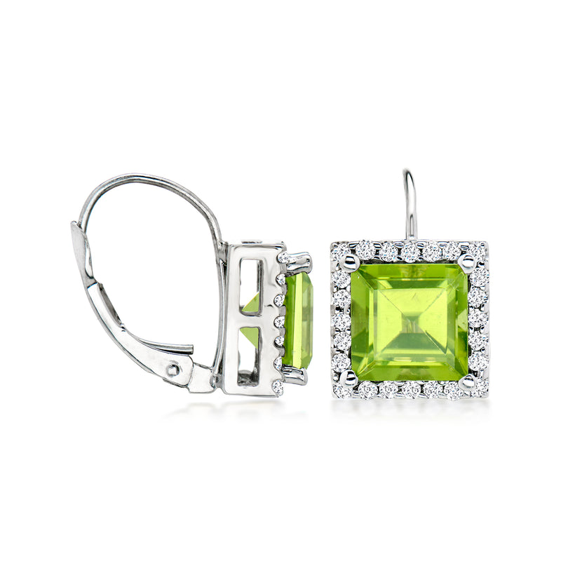 Side view of white gold leverback earrings with square green peridot and diamond frame