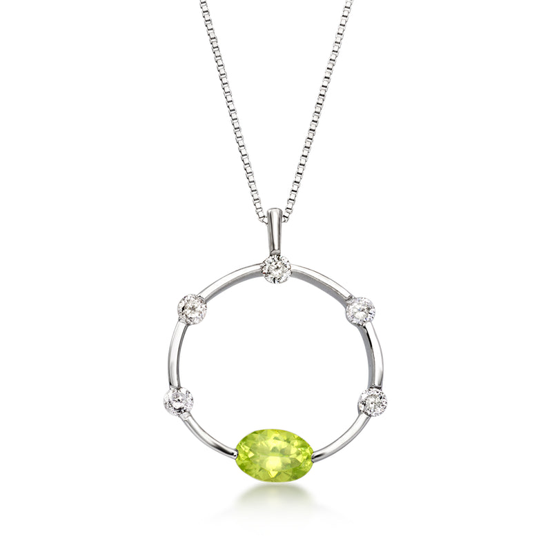 14kt white gold circle pendant necklace with peridot center and diamond accents