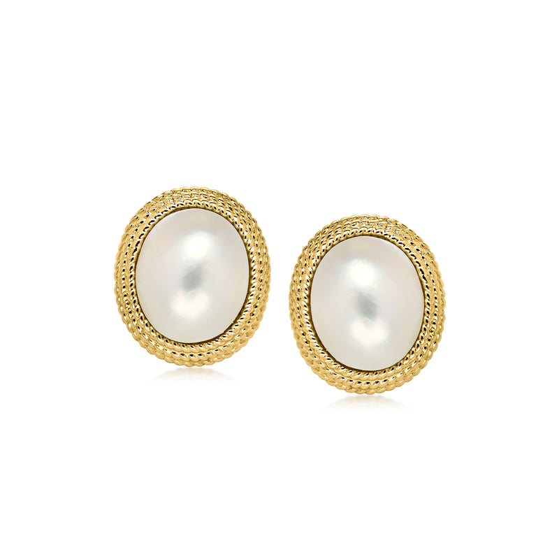 Oval mabe pearl stud earrings in 14kt yellow gold with textured bezel