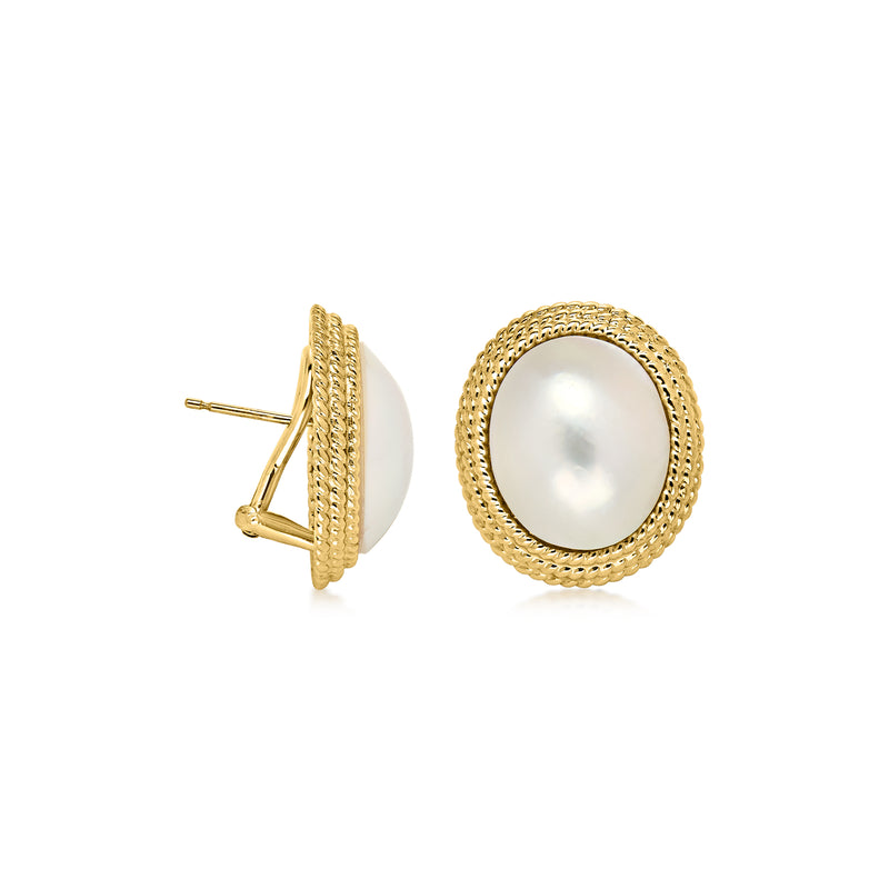 14kt yellow gold mabe pearl stud earrings with post backs and rope border bezel