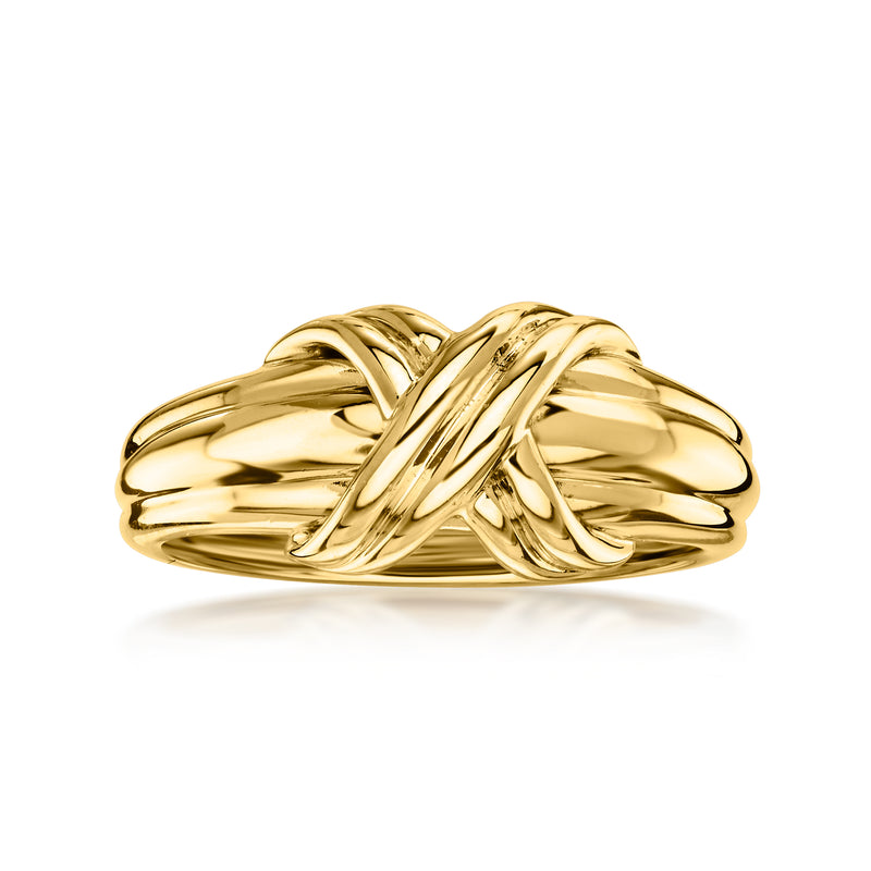18k yellow gold twisted X-knot ring with polished looping design