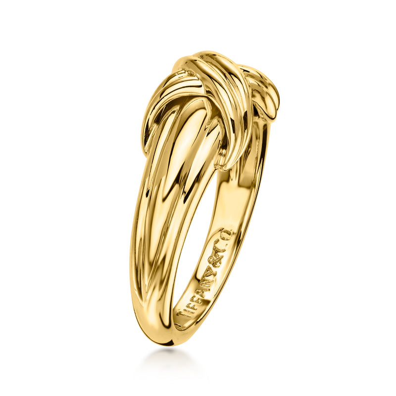 18k yellow gold X-knot ring with polished twisted band, side view