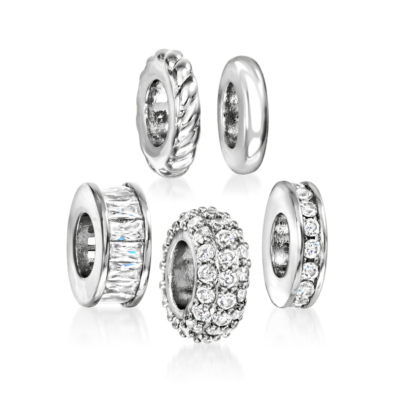 Sterling-silver plated charm beads with clear CZ, five-piece, side view