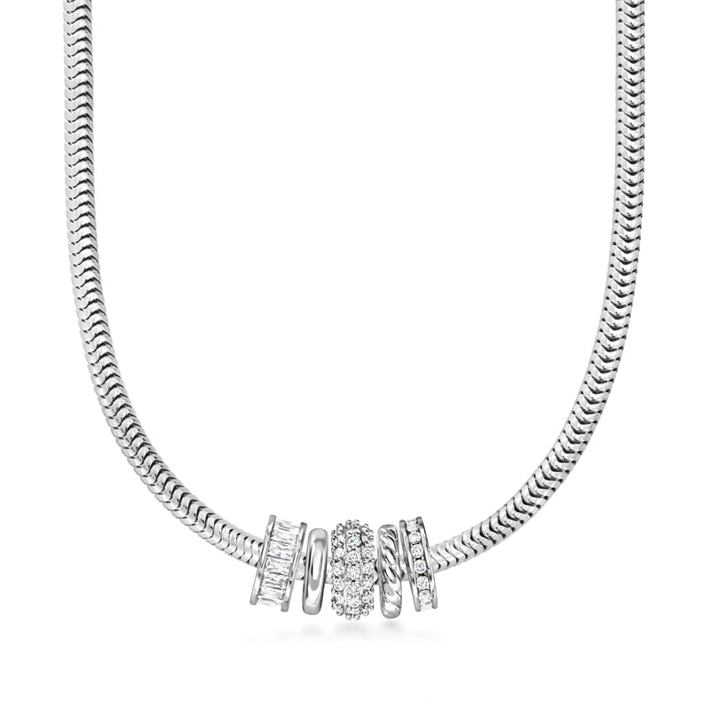Silver snake chain necklace featuring five CZ bead charms, centered