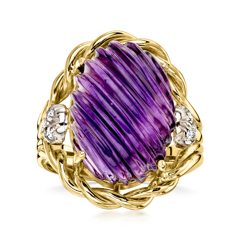 C. 1980 Vintage 11.25 Carat Carved Amethyst Ring with .15 ct. t.w. Diamonds in 14kt Yellow Gold. Size 6.5