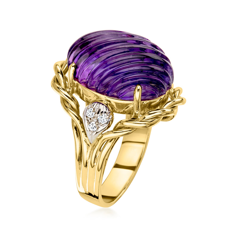 C. 1980 Vintage 11.25 Carat Carved Amethyst Ring with .15 ct. t.w. Diamonds in 14kt Yellow Gold. Size 6.5