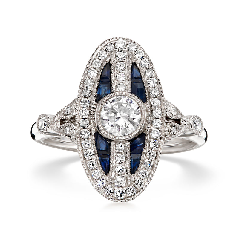 C. 2000 Vintage .62 ct. t.w. Diamond and .28 ct. t.w. Sapphire Ring in Platinum. Size 6.25