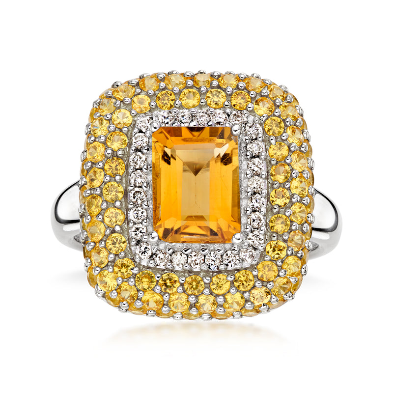 C. 2000 Vintage 1.35 Carat Citrine Ring with 1.65 ct. t.w. Yellow Sapphires and .26 ct. t.w. Diamonds in 18kt White Gold. Size 6.5