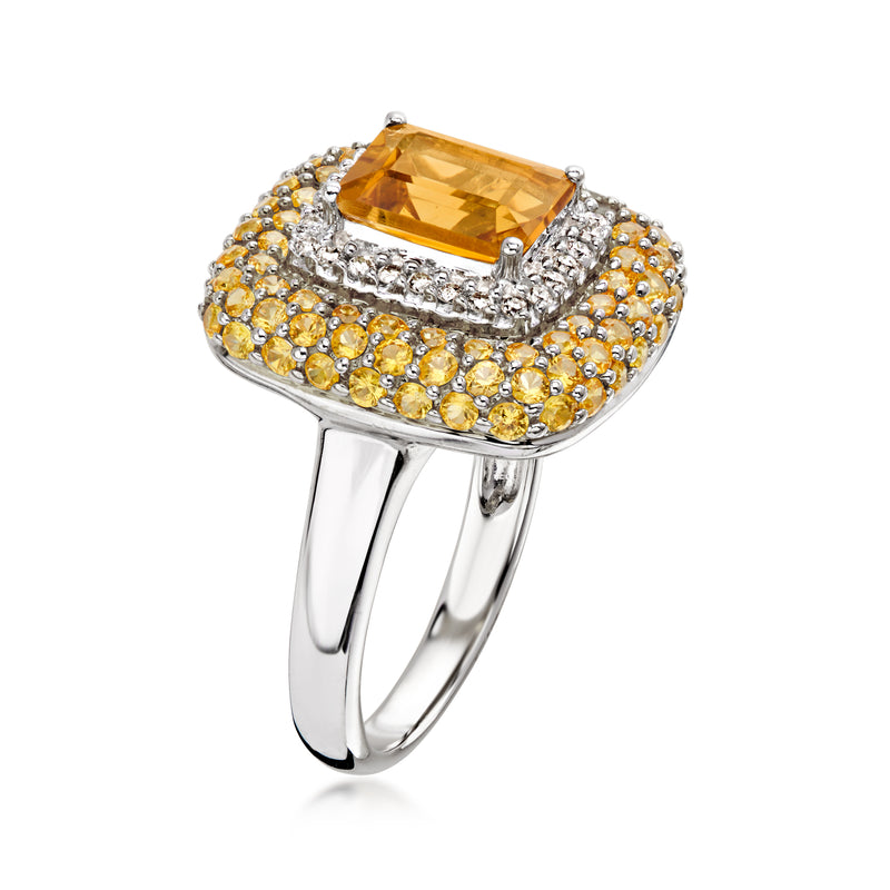 C. 2000 Vintage 1.35 Carat Citrine Ring with 1.65 ct. t.w. Yellow Sapphires and .26 ct. t.w. Diamonds in 18kt White Gold. Size 6.5