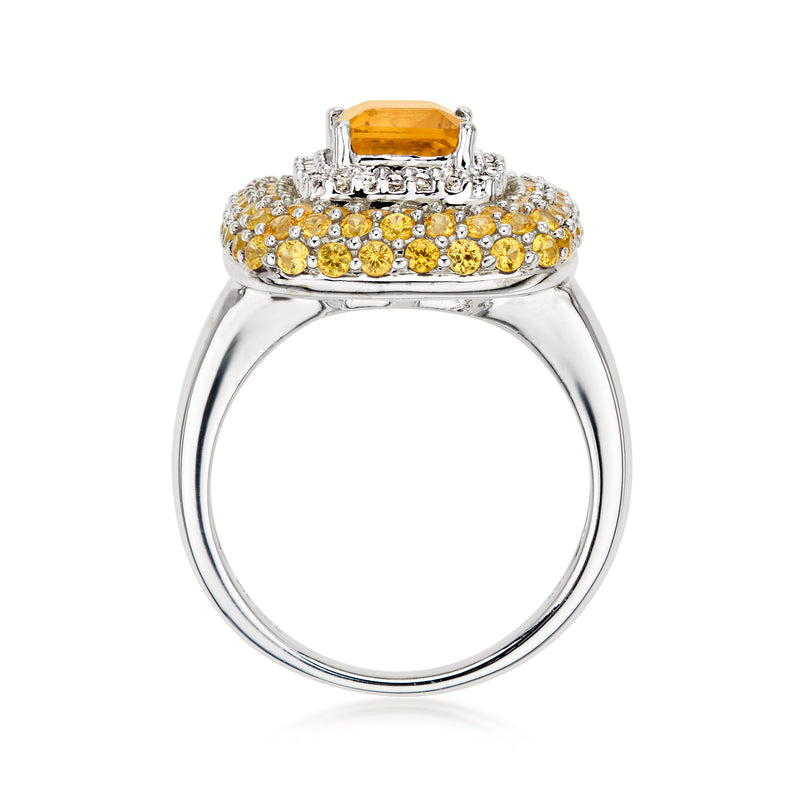 C. 2000 Vintage 1.35 Carat Citrine Ring with 1.65 ct. t.w. Yellow Sapphires and .26 ct. t.w. Diamonds in 18kt White Gold. Size 6.5