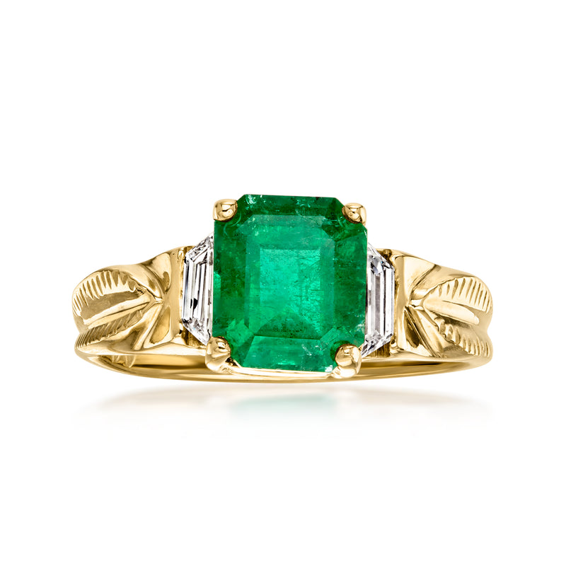 14kt yellow gold emerald-cut green gemstone ring with diamond side accents