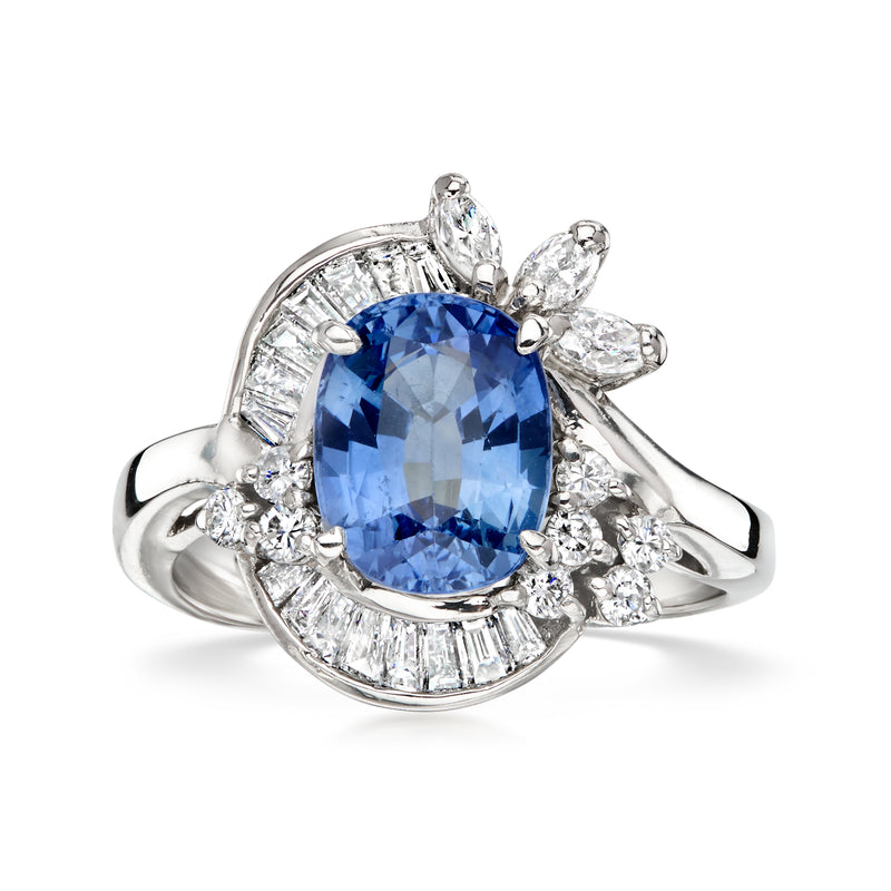 C. 1990 Vintage 2.40 Carat Sapphire Ring with .67 ct. t.w. Diamonds in Platinum. Size 5