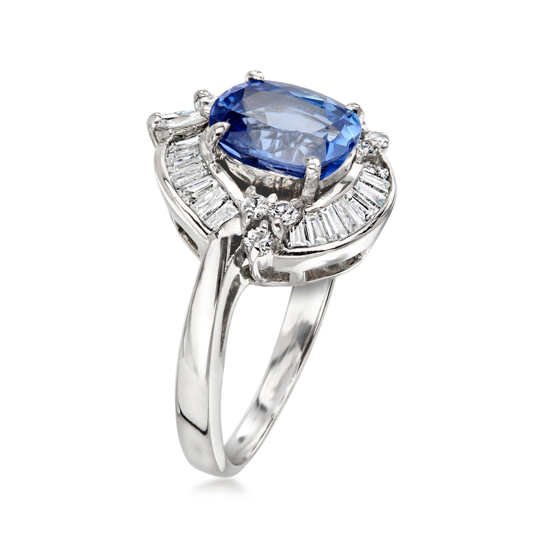 C. 1990 Vintage 2.40 Carat Sapphire Ring with .67 ct. t.w. Diamonds in Platinum. Size 5