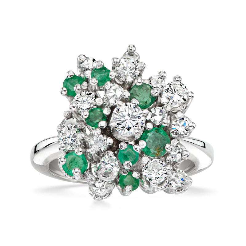C. 1980 Vintage .80 ct. t.w. Diamond and .65 ct. t.w. Emerald Cluster Ring in 18kt White Gold. Size 5.75