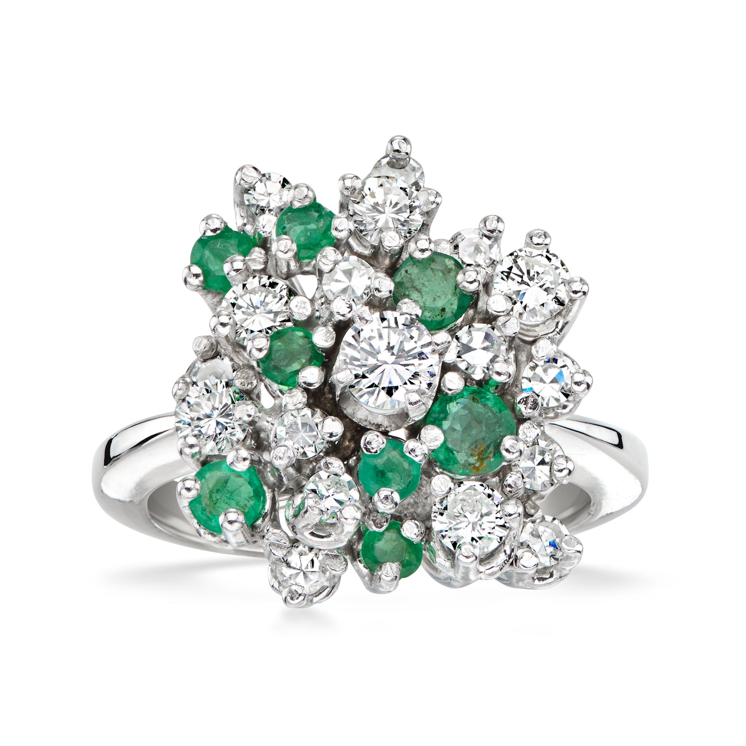 C. 1980 Vintage .80 ct. t.w. Diamond and .65 ct. t.w. Emerald Cluster Ring in 18kt White Gold