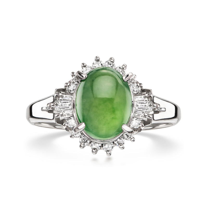 Platinum jade oval ring with diamond halo and side baguette accents
