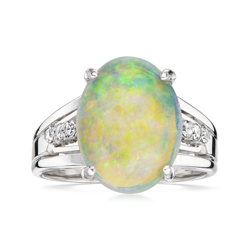 C. 1970 Vintage Opal Ring with .18 ct. t.w. Diamonds in 14kt White Gold. Size 7
