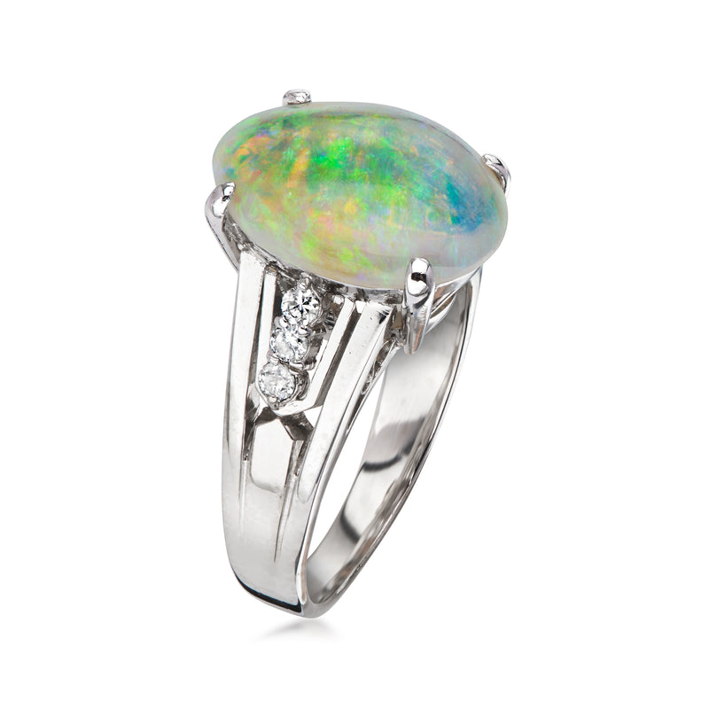 C. 1970 Vintage Opal Ring with .18 ct. t.w. Diamonds in 14kt White Gold. Size 7