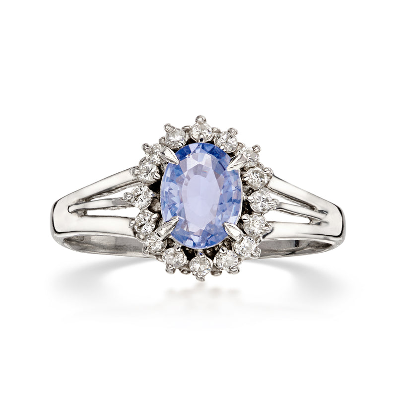 C. 1990 Vintage .91 Carat Sapphire Ring with .18 ct. t.w. Diamonds in Platinum. Size 7.25