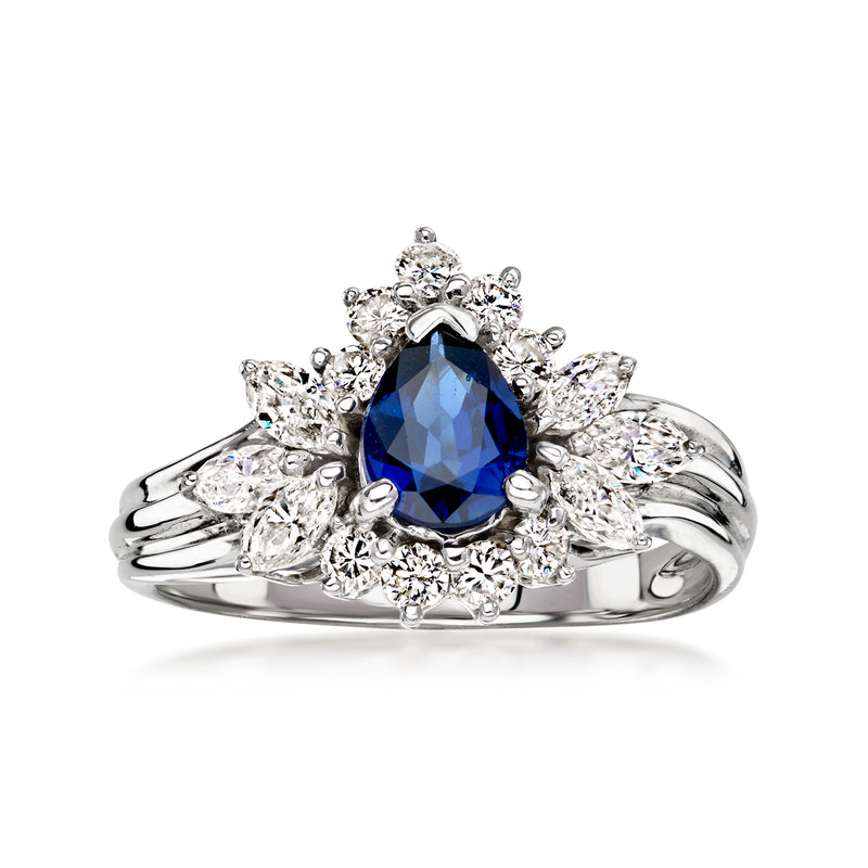 C. 1990 Vintage .75 Carat Sapphire Ring with .70 ct. t.w. Diamonds in 14kt White Gold. Size 6.5