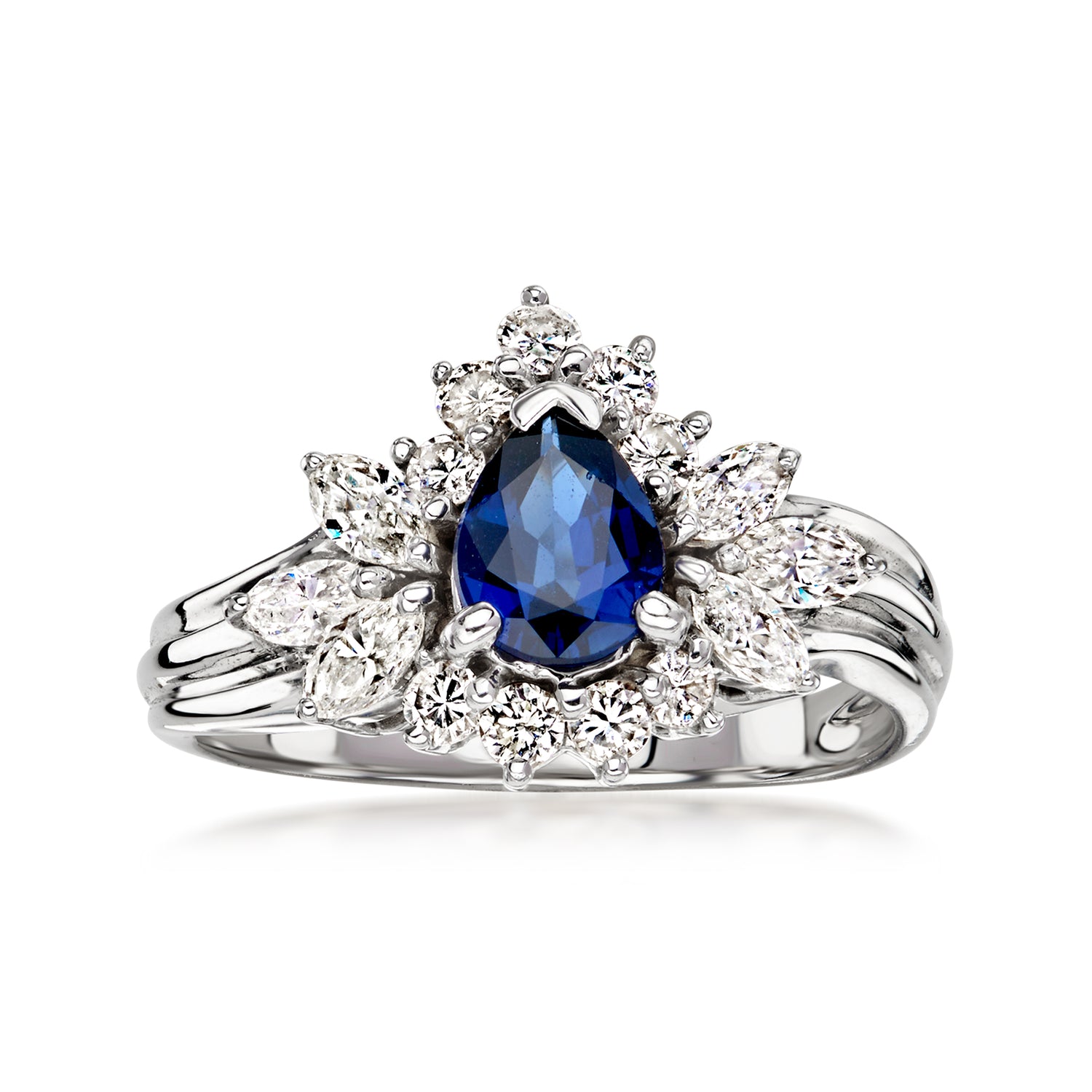 Pre-owned Ross-simons C. 1990 Vintage .75 Carat Sapphire Ring With .70 Ct. T.w. Diamonds In 14kt White Gold In Silver