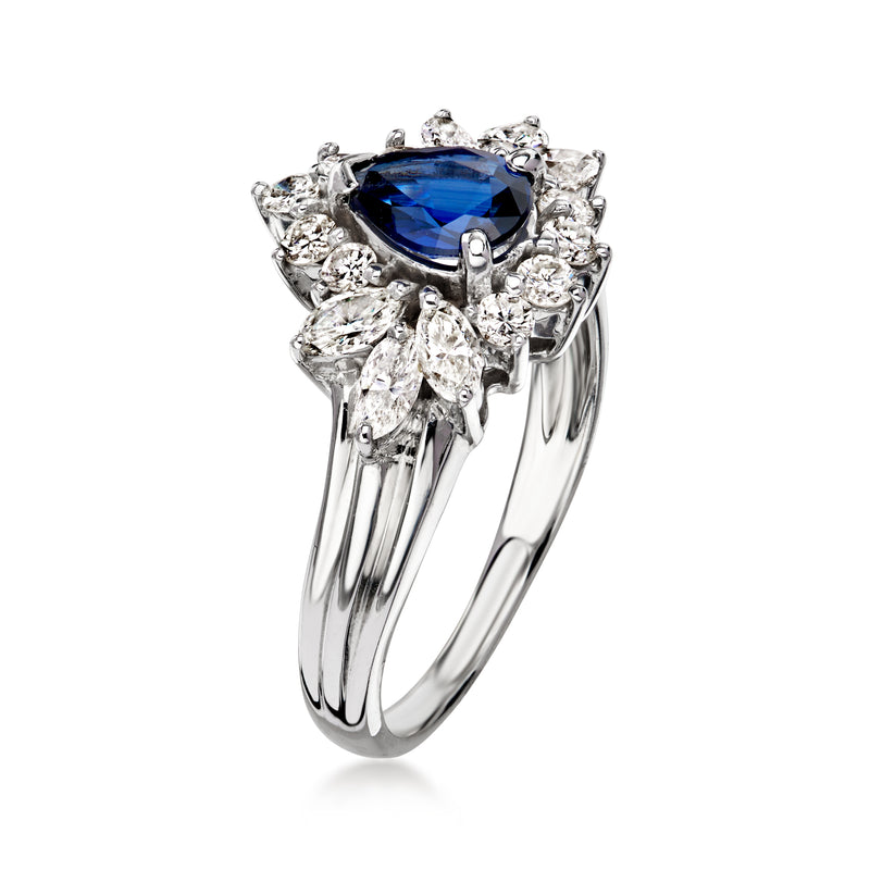 C. 1990 Vintage .75 Carat Sapphire Ring with .70 ct. t.w. Diamonds in 14kt White Gold. Size 6.5
