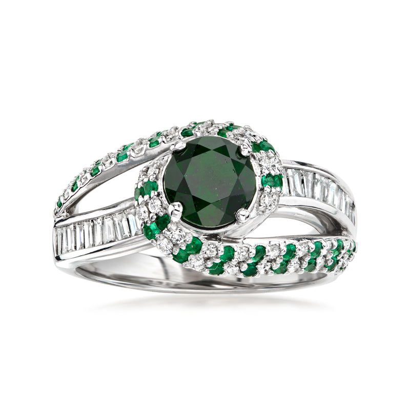 C. 1980 Vintage .85 Carat Chrome Diopside Ring with 1.00 ct. t.w. Diamonds and .55 ct. t.w. Emeralds in 18kt White Gold. Size 7