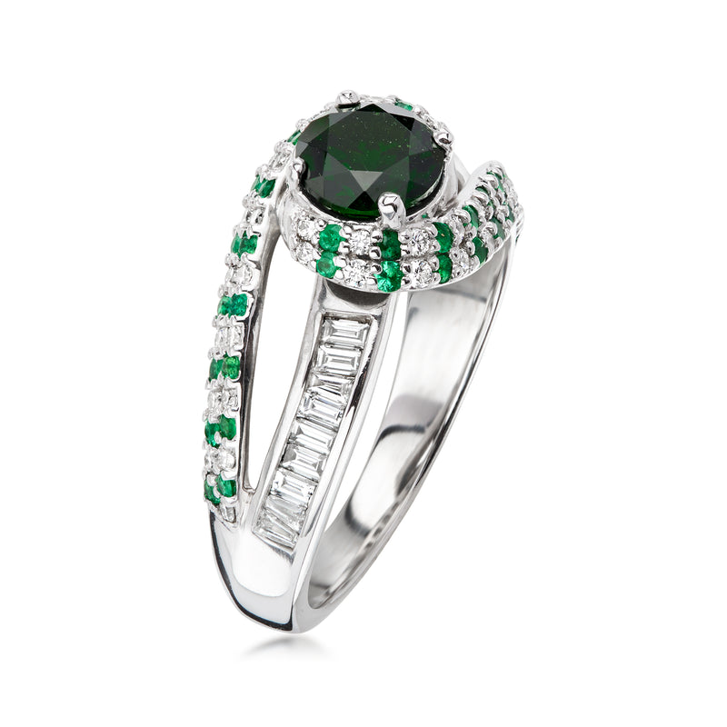 C. 1980 Vintage .85 Carat Chrome Diopside Ring with 1.00 ct. t.w. Diamonds and .55 ct. t.w. Emeralds in 18kt White Gold. Size 7