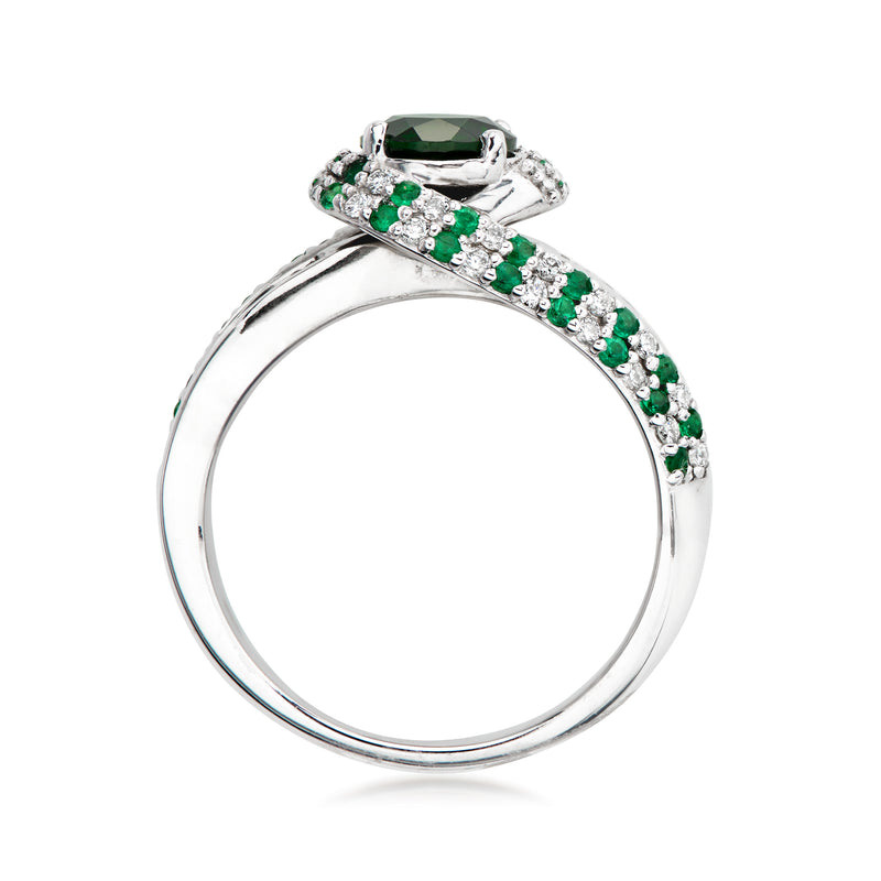 C. 1980 Vintage .85 Carat Chrome Diopside Ring with 1.00 ct. t.w. Diamonds and .55 ct. t.w. Emeralds in 18kt White Gold. Size 7