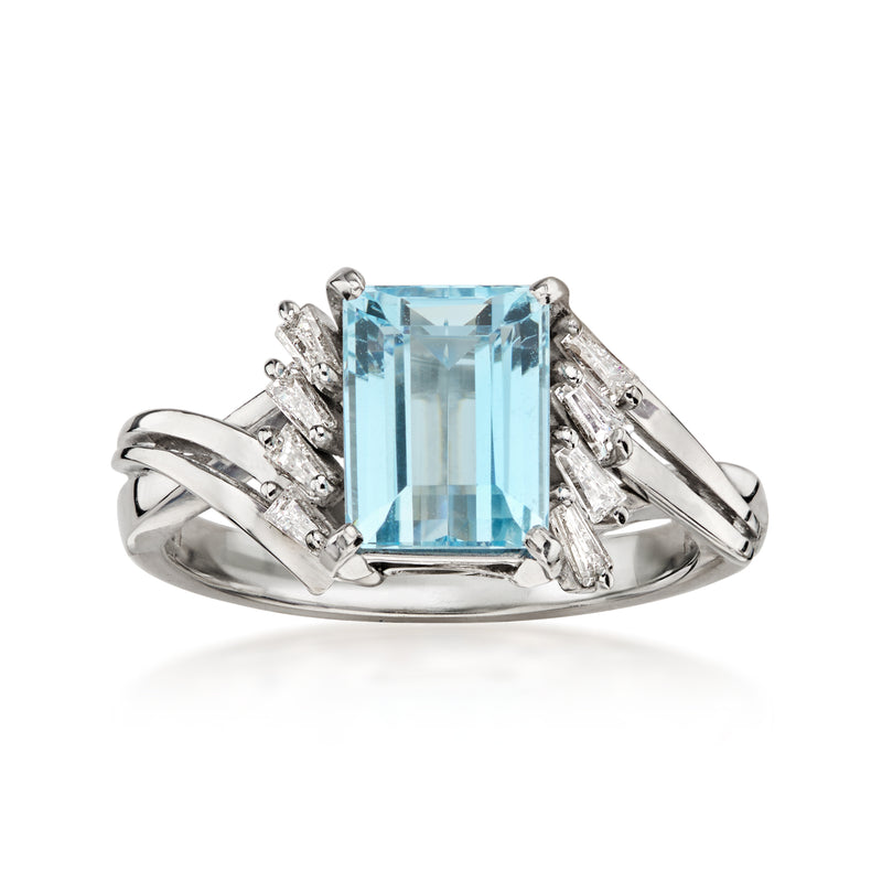 C. 1990 Vintage 1.42 Carat Aquamarine Ring with .22 ct. t.w. Diamonds in Platinum. Size 5.25