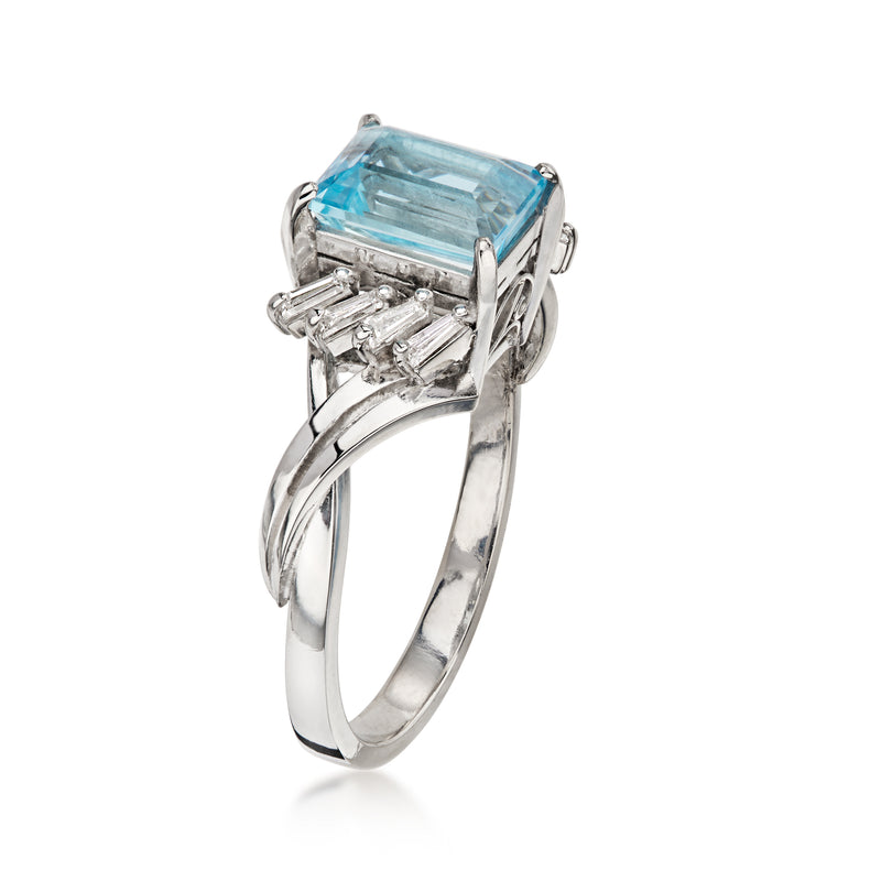 C. 1990 Vintage 1.42 Carat Aquamarine Ring with .22 ct. t.w. Diamonds in Platinum. Size 5.25