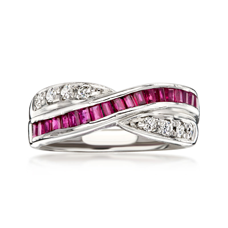 C. 1990 Vintage .75 ct. t.w. Ruby and .20 ct. t.w. Diamond Crisscross Ring in Platinum. Size 6.25