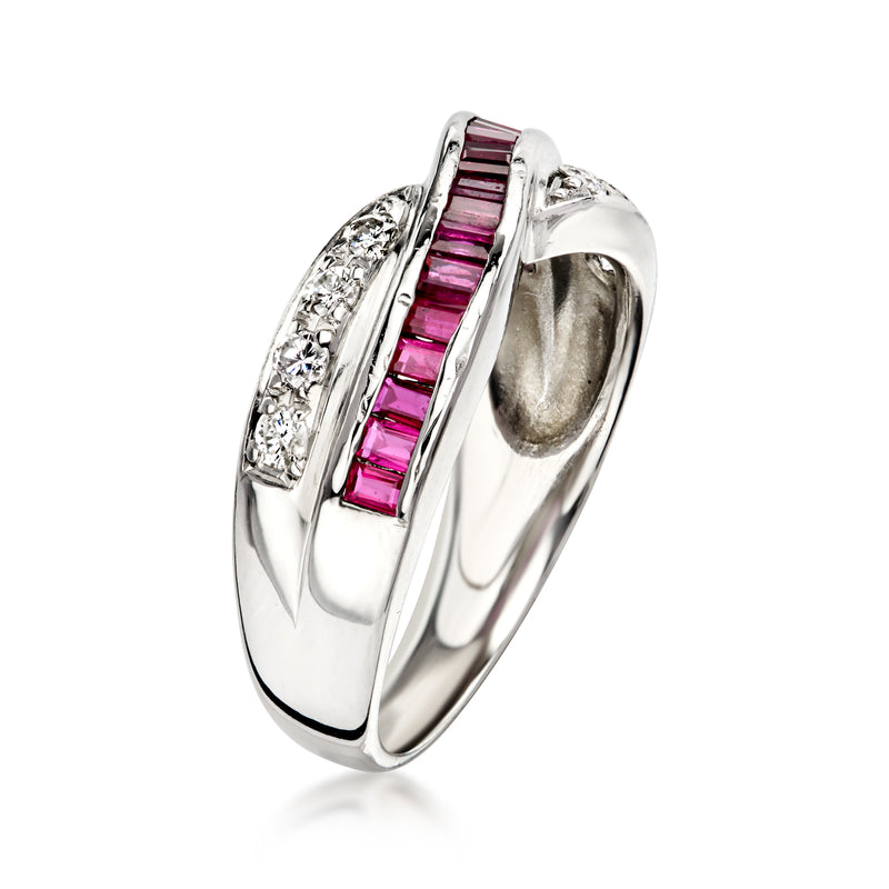 C. 1990 Vintage .75 ct. t.w. Ruby and .20 ct. t.w. Diamond Crisscross Ring in Platinum. Size 6.25