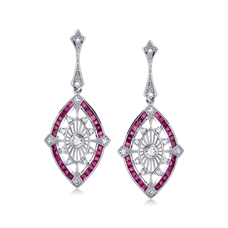 C. 2000 Vintage 1.12 ct. t.w. Ruby and .37 ct. t.w. Diamond Openwork Drop Earrings in Platinum