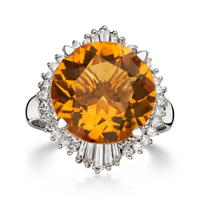 C. 2000 Vintage 6.25 Carat Orange Citrine Ring with 1.28 ct. t.w. Diamonds in Platinum. Size 6.75