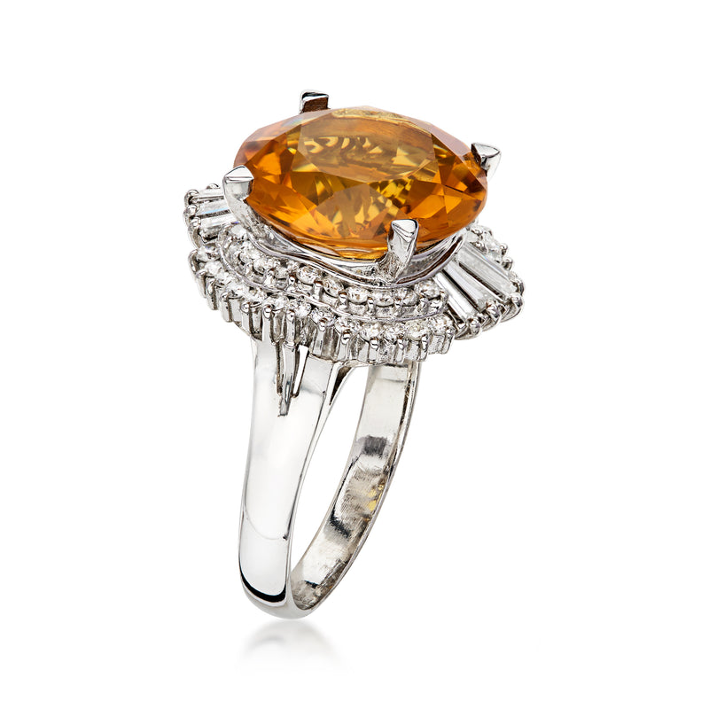 C. 2000 Vintage 6.25 Carat Orange Citrine Ring with 1.28 ct. t.w. Diamonds in Platinum. Size 6.75