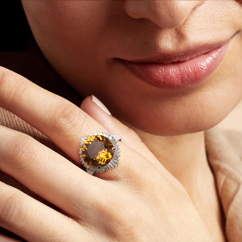 C. 2000 Vintage 6.25 Carat Orange Citrine Ring with 1.28 ct. t.w. Diamonds in Platinum. Size 6.75