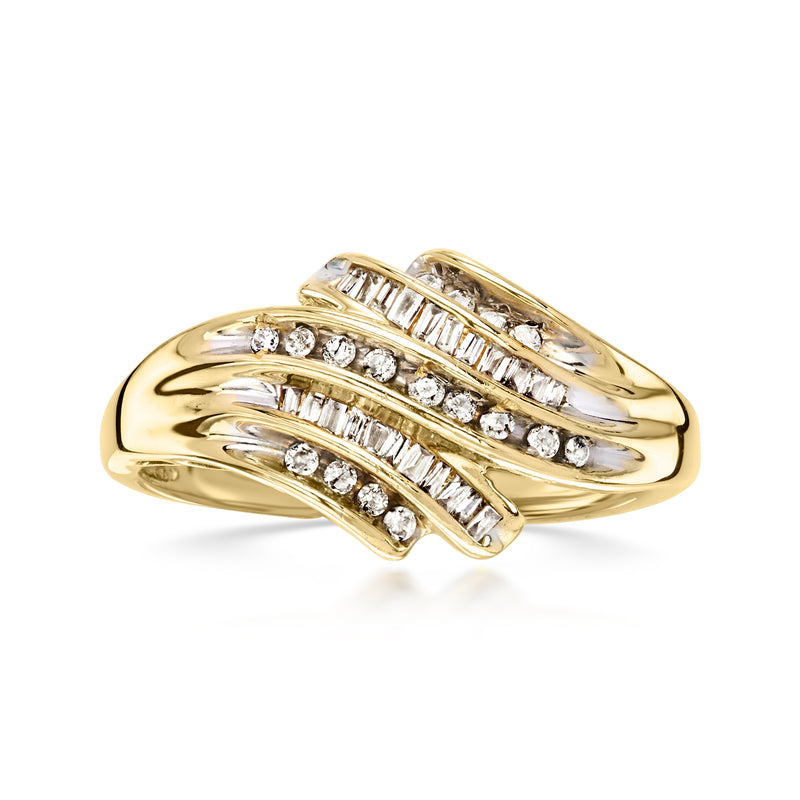 10kt yellow gold multi-row diamond ring with baguette and round stones, vintage style