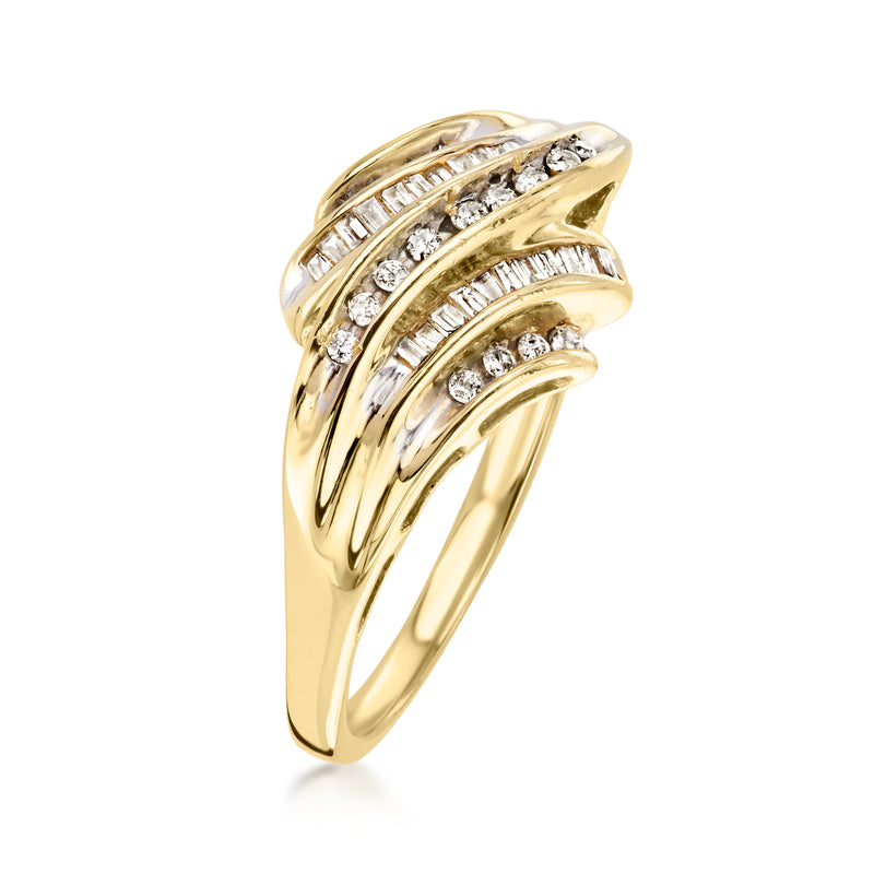 Yellow gold multi-row diamond ring, stacked bands with baguette-style stones