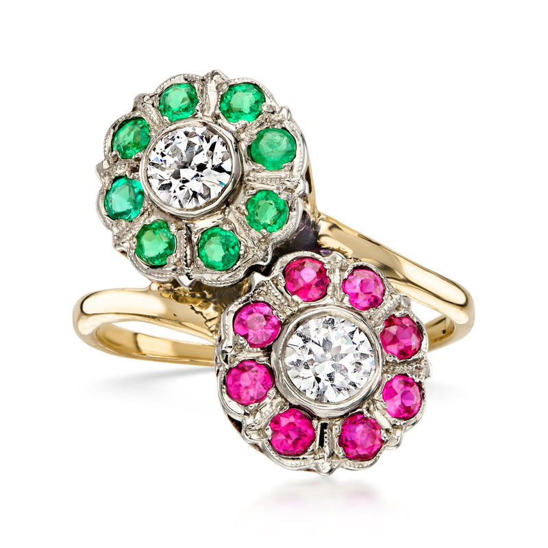 C. 1970 Vintage .50 ct. t.w. Diamond, .50 ct. t.w. Ruby and .40 ct. t.w. Emerald Flower Bypass Ring in 14kt Yellow Gold. Size 6