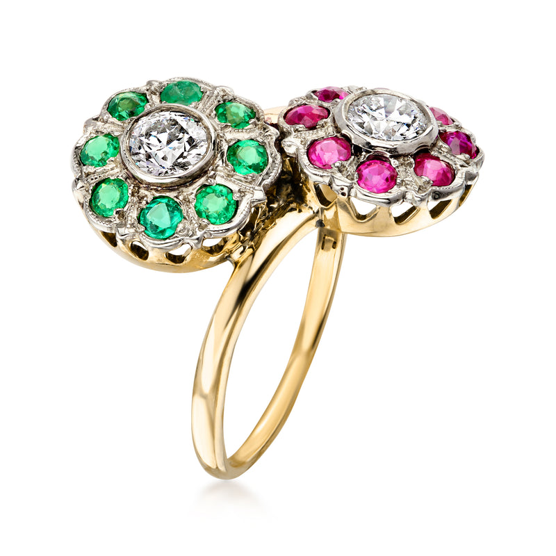 C. 1970 Vintage .50 ct. t.w. Diamond, .50 ct. t.w. Ruby and .40 ct. t.w. Emerald Flower Bypass Ring in 14kt Yellow Gold. Size 6