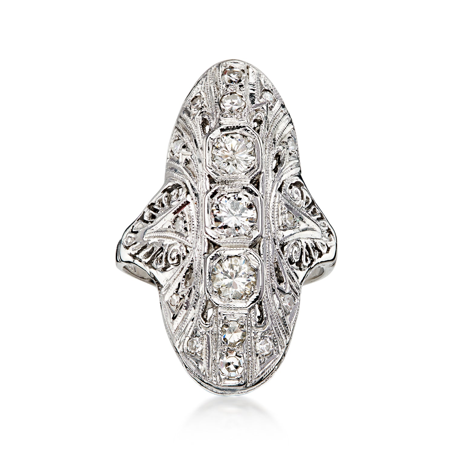 C. 1960 Vintage .70 ct. t.w. Diamond Filigree Dinner Ring in 14kt White Gold