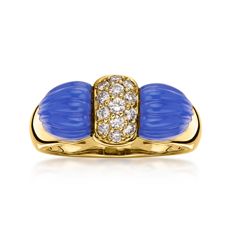 C. 1980 Vintage Blue Chalcedony Bow Ring with .28 ct. t.w. Diamonds in 18kt Yellow Gold. Size 5.5