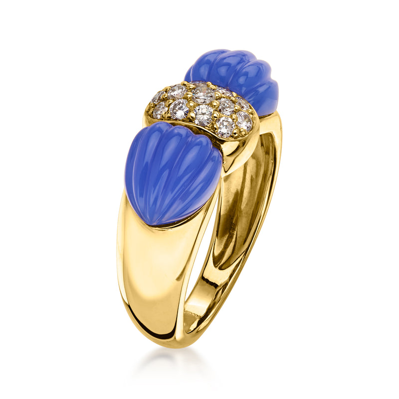 C. 1980 Vintage Blue Chalcedony Bow Ring with .28 ct. t.w. Diamonds in 18kt Yellow Gold. Size 5.5
