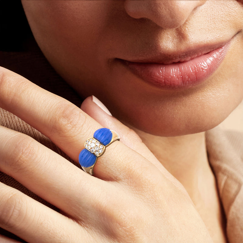 C. 1980 Vintage Blue Chalcedony Bow Ring with .28 ct. t.w. Diamonds in 18kt Yellow Gold. Size 5.5