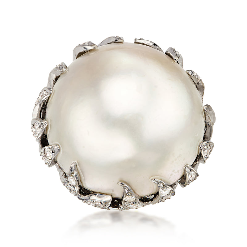 C. 1990 Vintage 20mm Cultured Mabe Pearl Ring with 2.00 ct. t.w. Diamonds in 14kt White Gold. Size 6.25